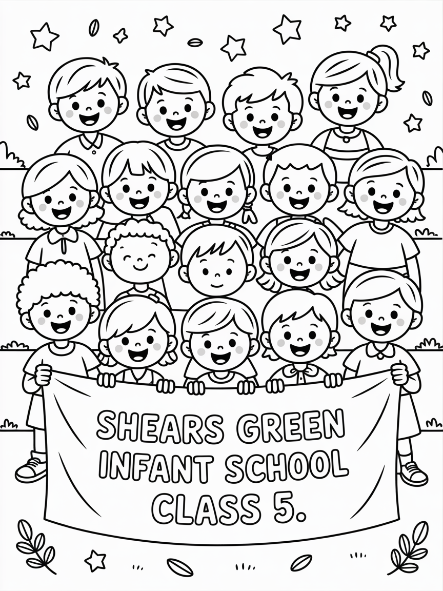 28 boys and girls and 2 teachers with hair in buns holding a banner that says Shears Green Infant School Class 5 - Free Coloring Page