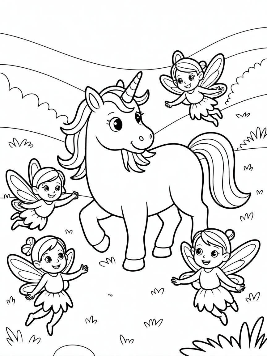 Unicorn playing with fairies - Free Coloring Page