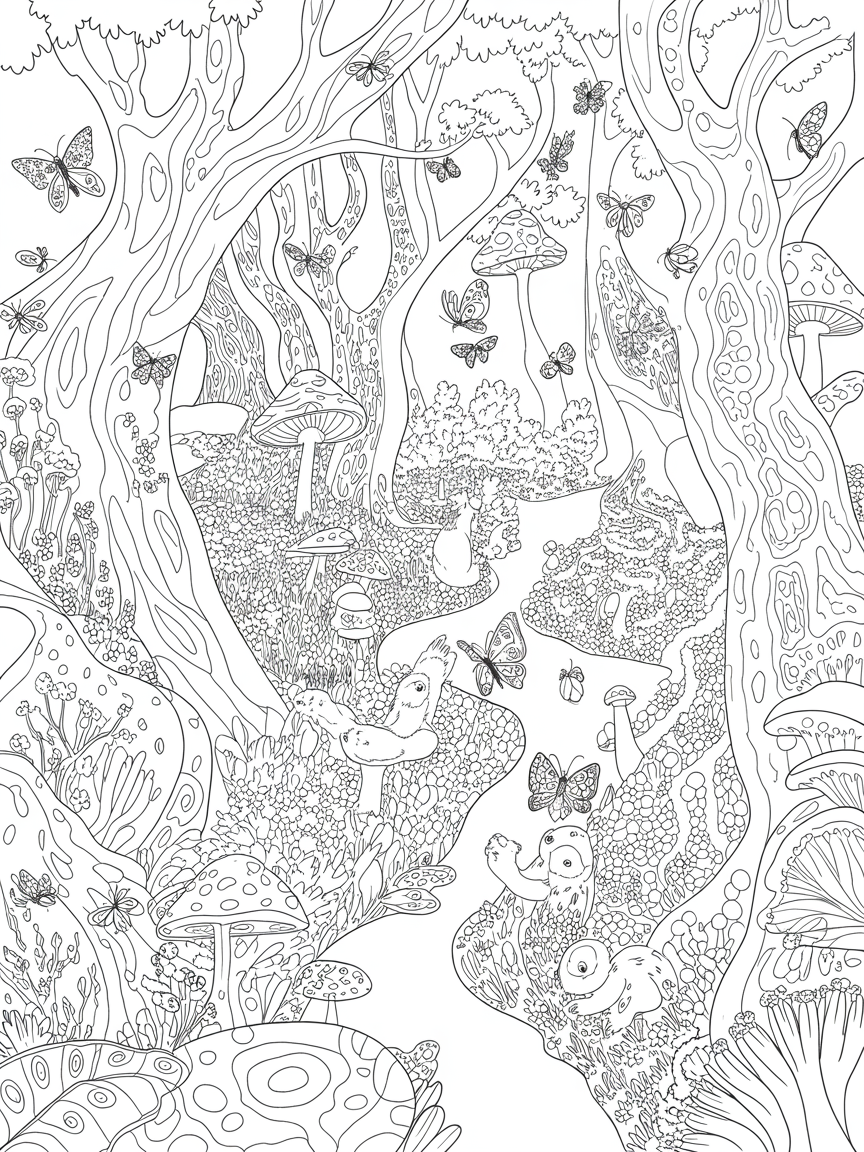 A magical forest with butterflies and squirrels - Free Coloring Page