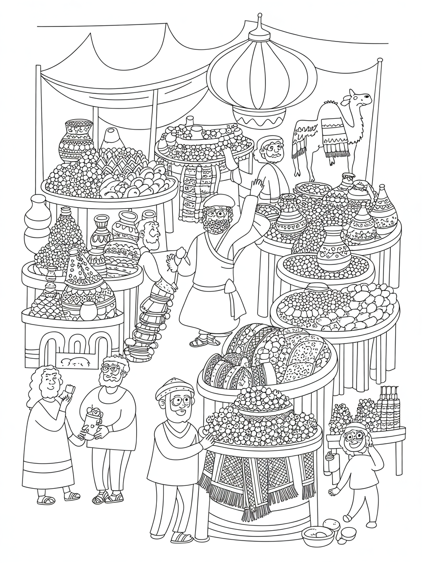Ancient Persian market - Free Coloring Page