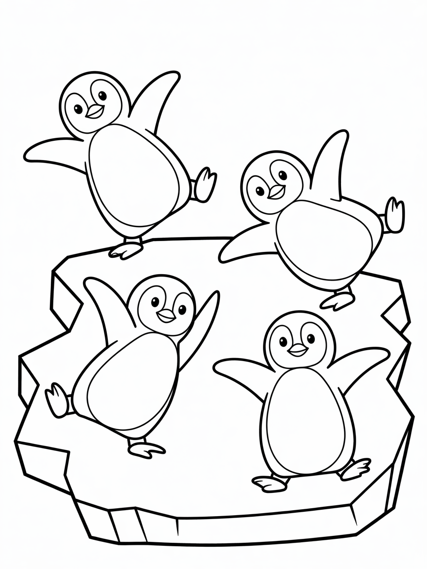 Ballet-dancing penguins on an iceberg - Free Coloring Page