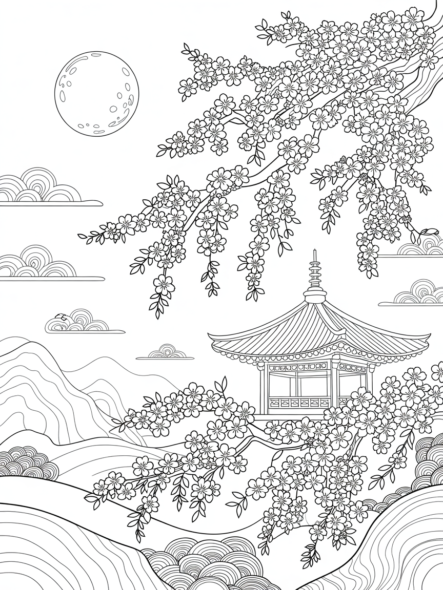 Cherry blossom in Korea with the moon in the night sky - Free Coloring Page
