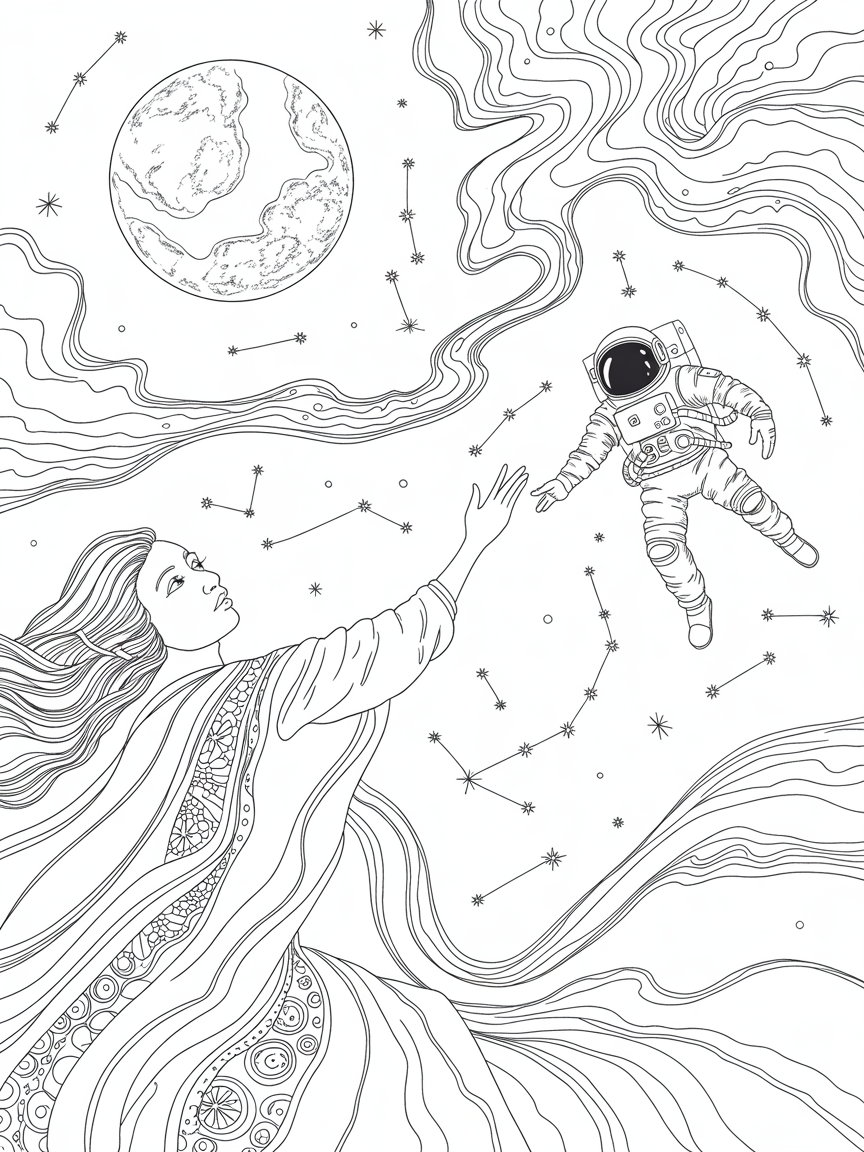 The moon in human form, reaching its hand out to a human in space - Free Coloring Page