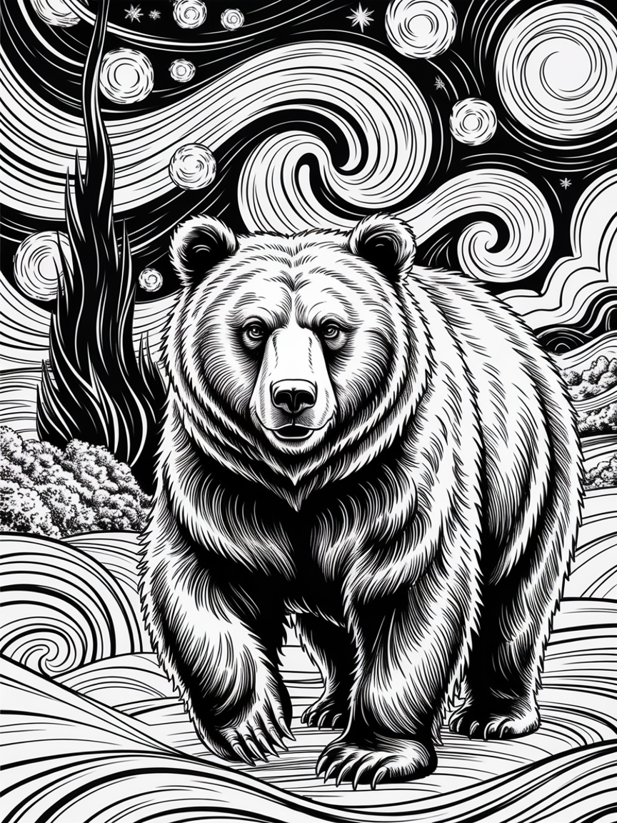 A winter bear in vincent van gogh's starry night painting. - Free Coloring Page