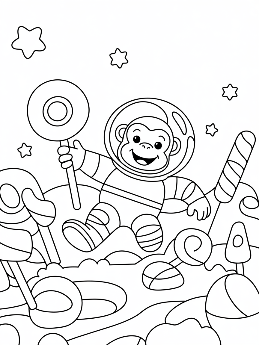Astronaut monkey exploring candy planet - Free Coloring Page