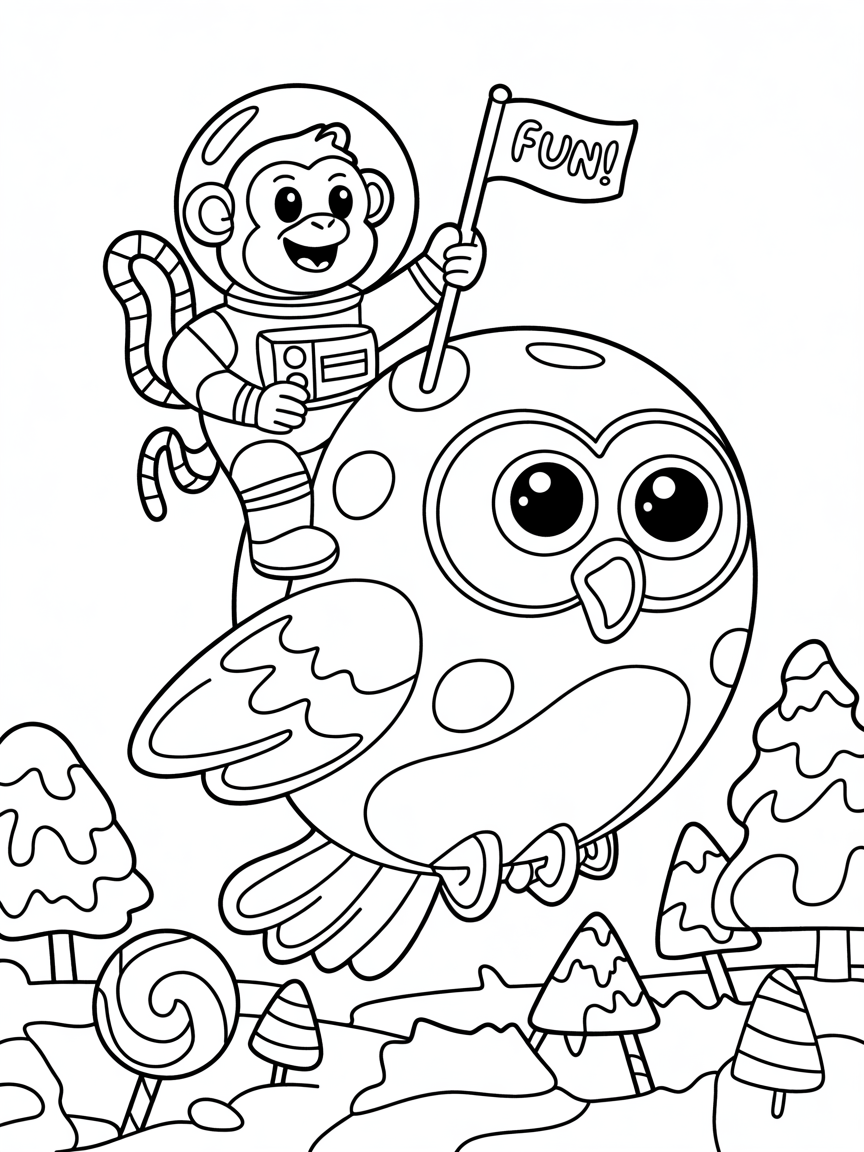 Astronaut monkey exploring candy planet owl - Free Coloring Page