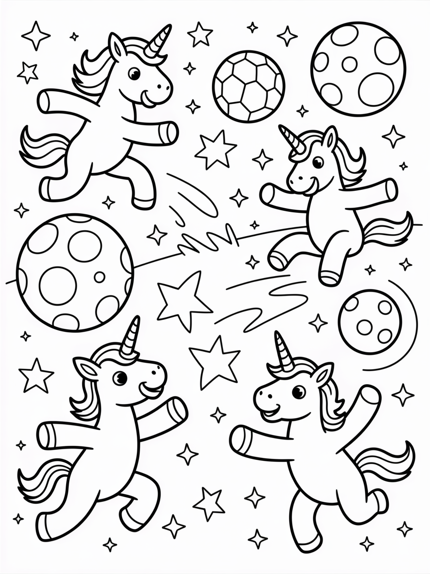 Unicorns playing soccer in space - Free Coloring Page
