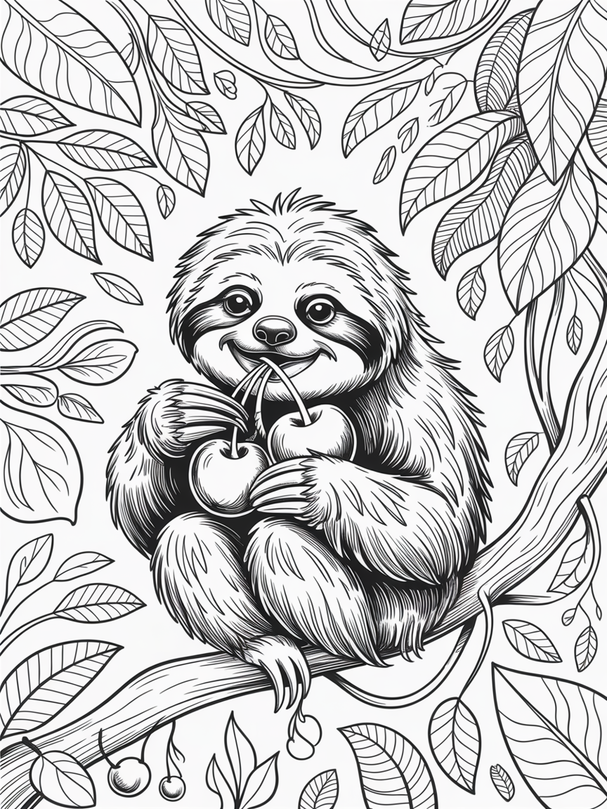 A sassy sloth eating some cherries in a beautiful ave - Free Coloring Page