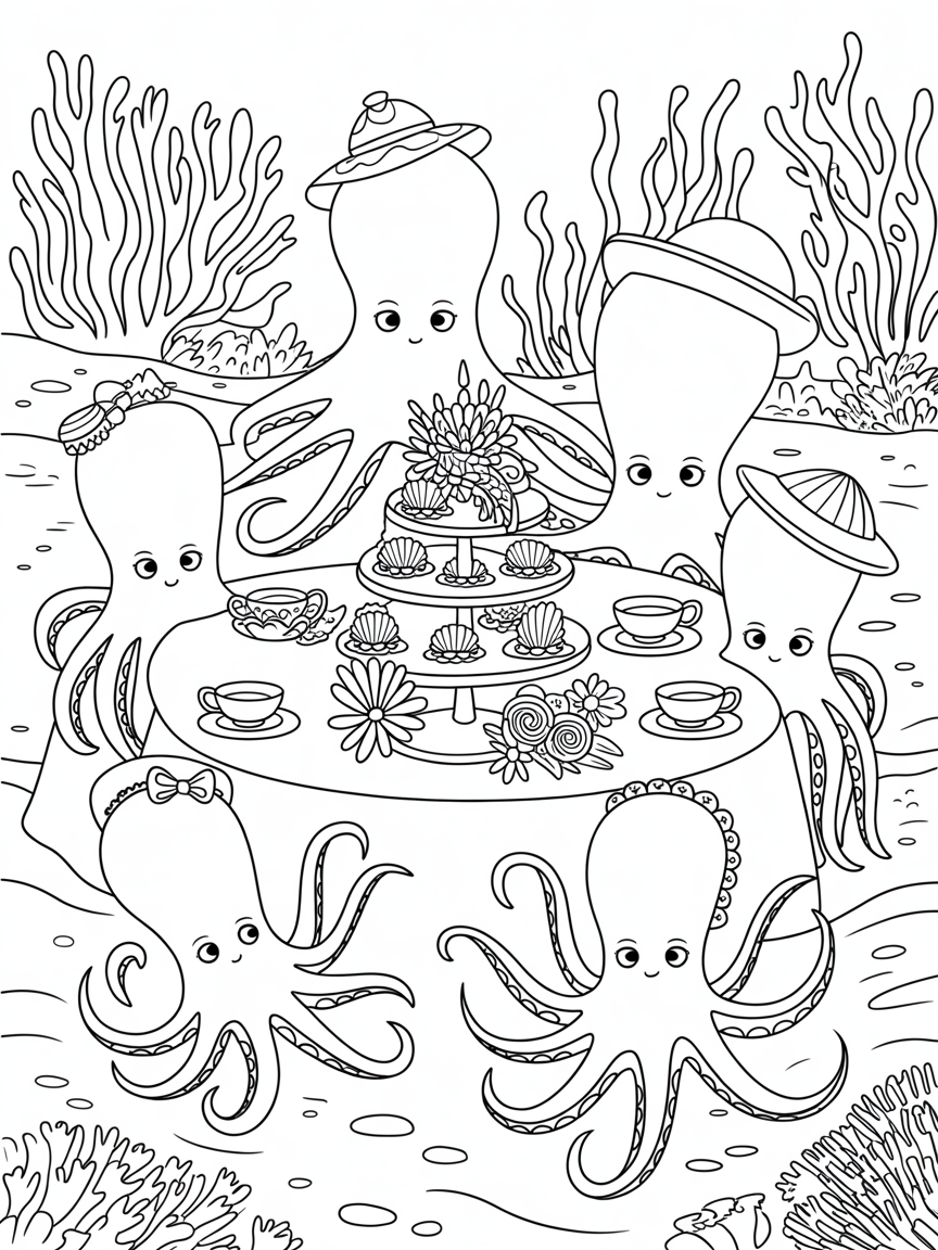 Octopus family having tea - Free Coloring Page