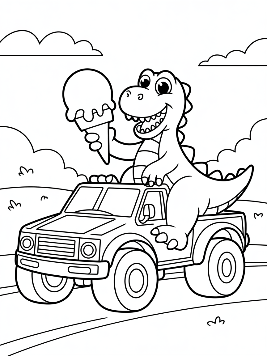 Dinosaur riding monster truck with icecream - Free Coloring Page