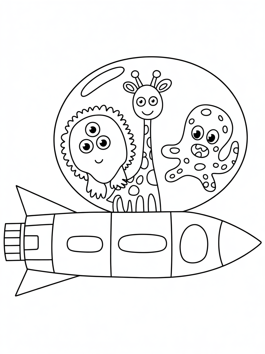 Spaceship zoo with alien animals - Free Coloring Page