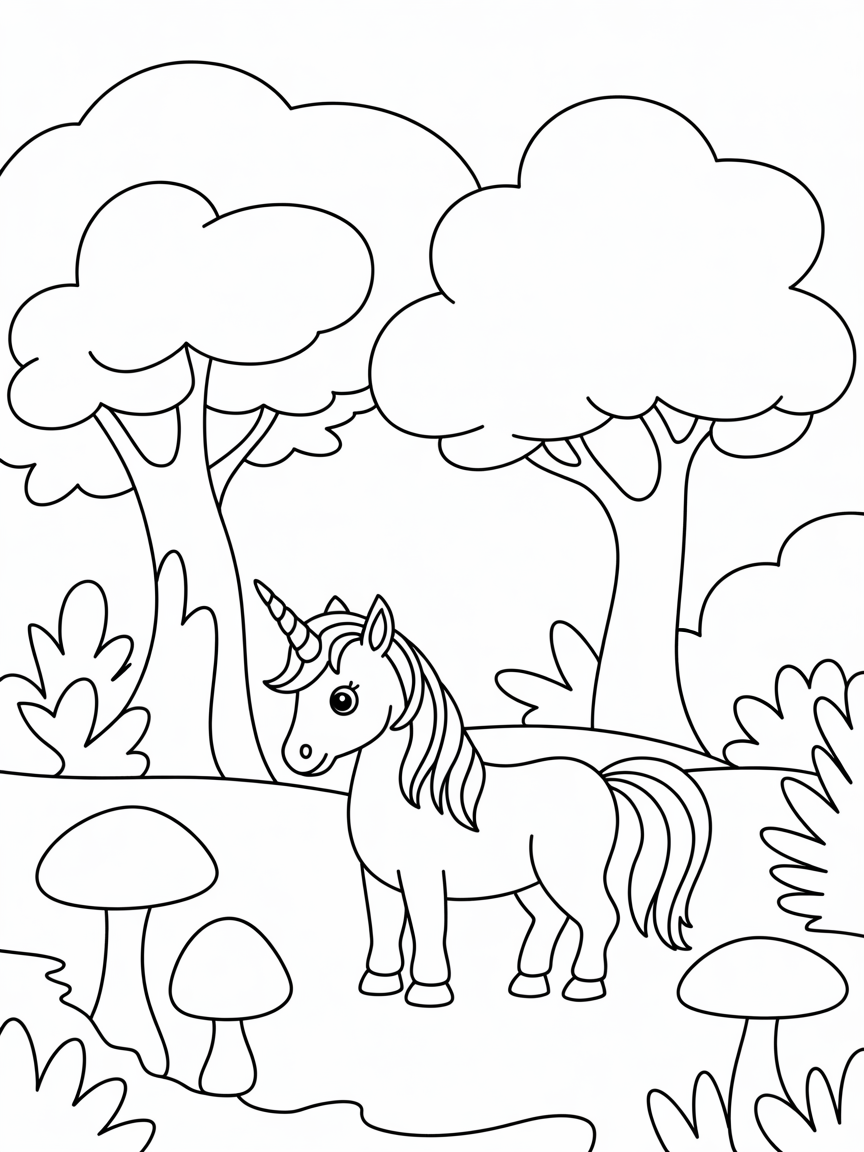 Magical unicorn forest - Free Coloring Page