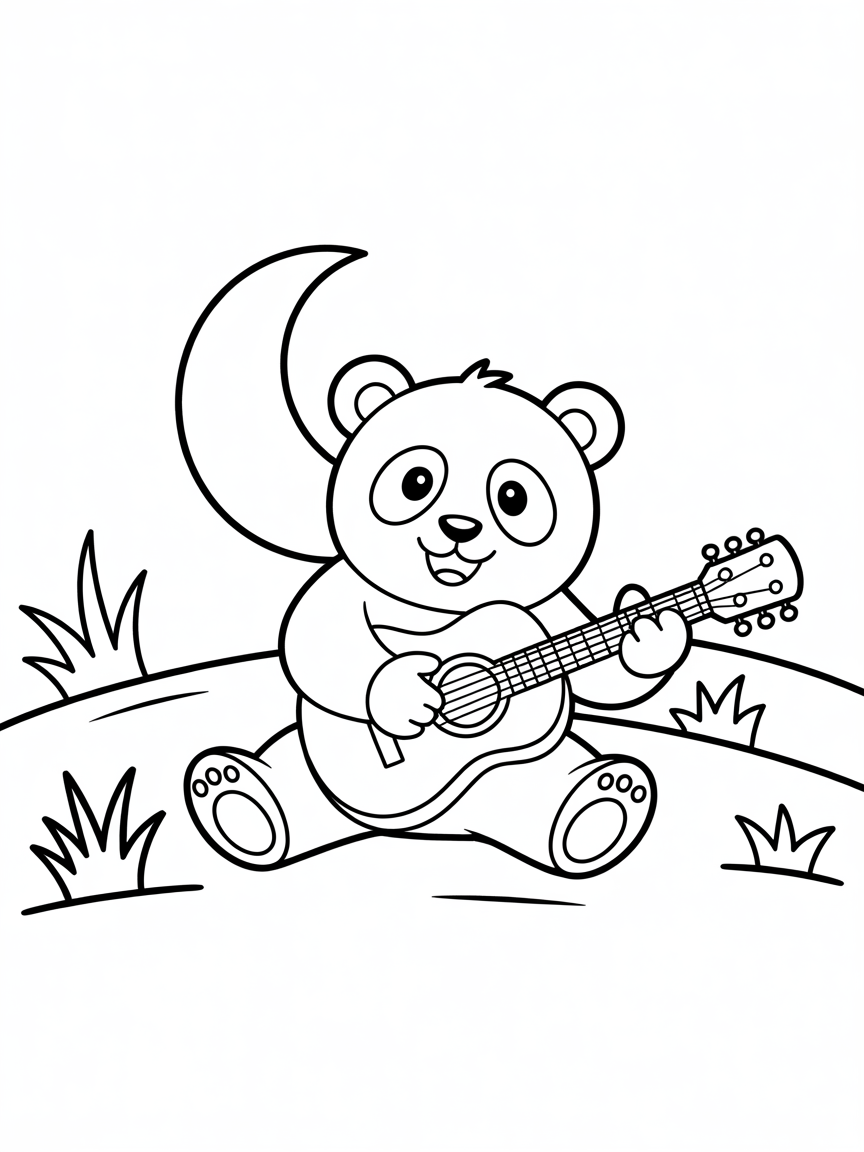 Moonlit panda playing the guitar - Free Coloring Page