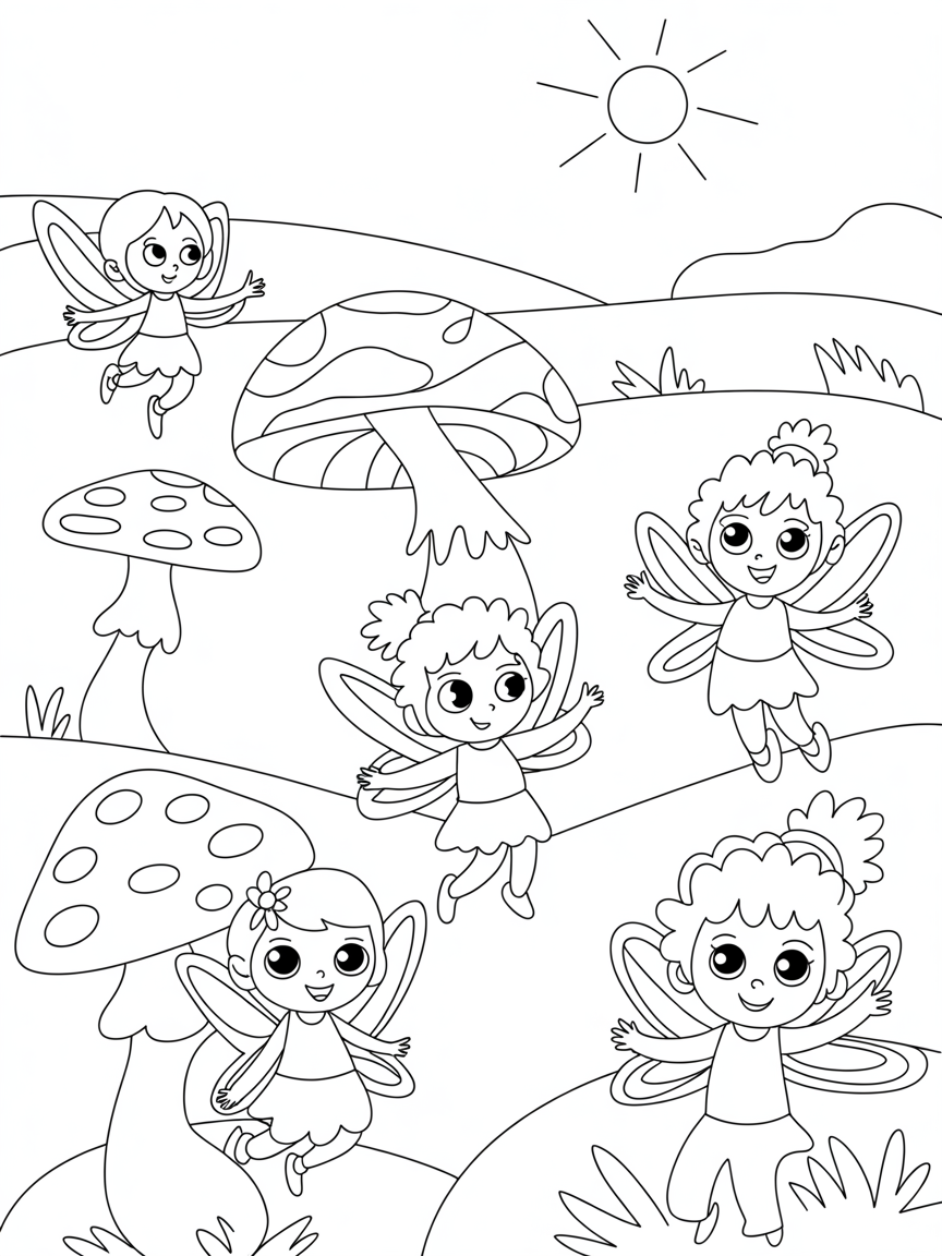 Fairies in a land of mushrooms - Free Coloring Page