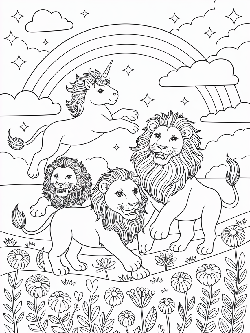 Lions rainbows unicorns - Free Coloring Page