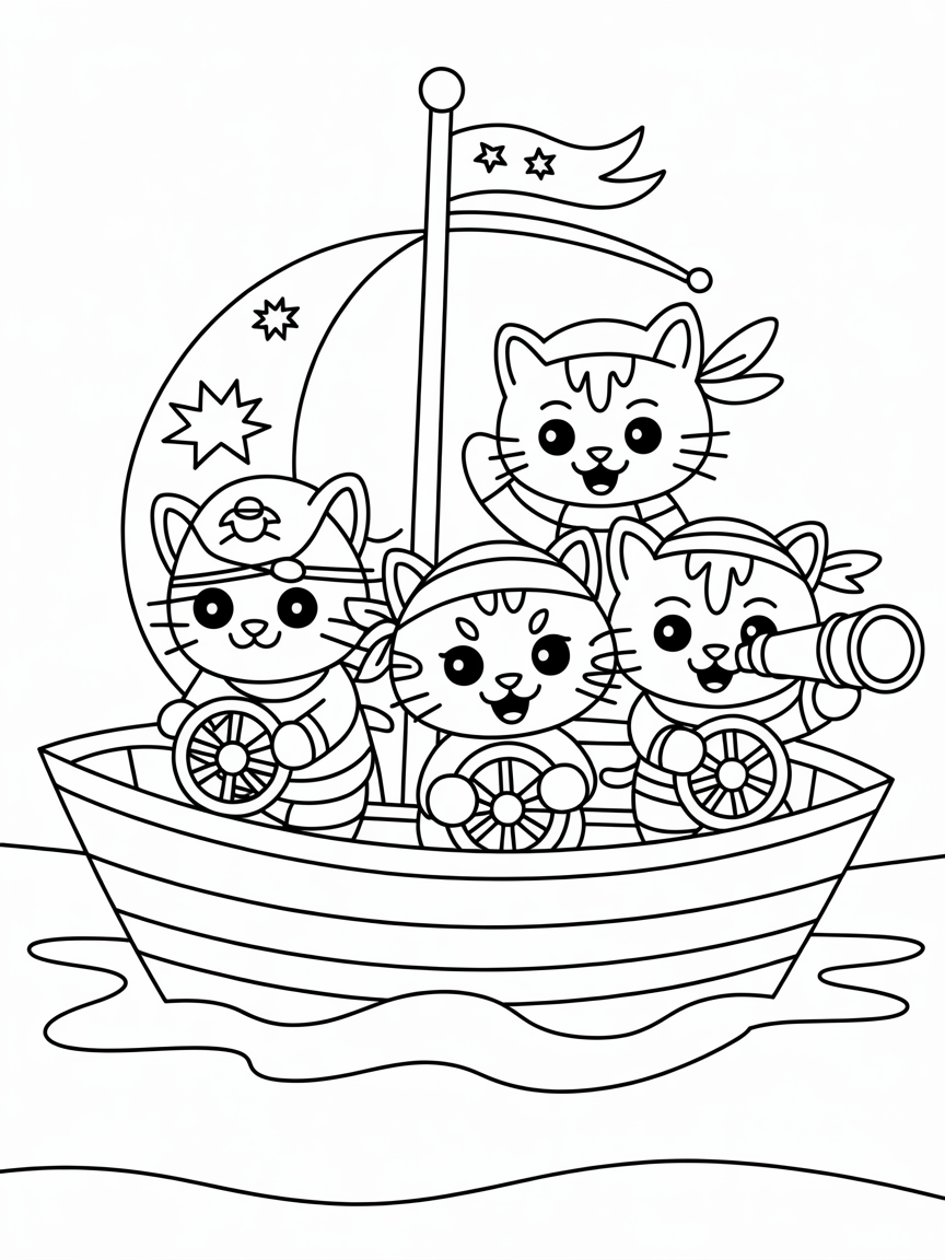 Pirate kittens sailing on a rainbow boat - Free Coloring Page
