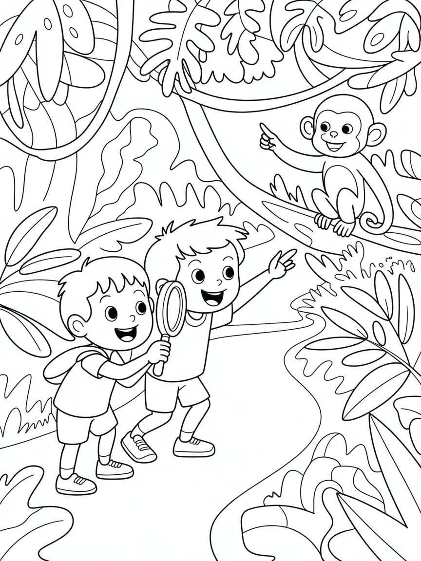 Two kids in the jungle expedition - Free Coloring Page