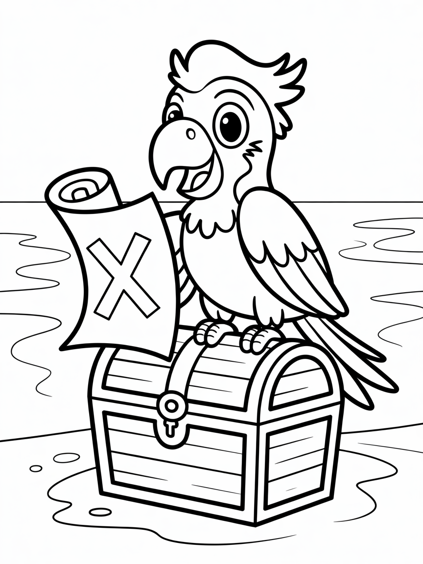 Pirate parrot with a treasure map - Free Coloring Page