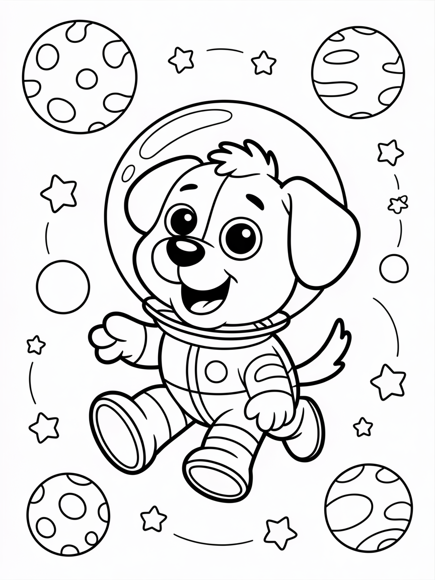 Dog in space suit floating in space - Free Coloring Page