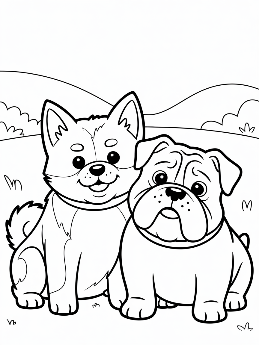 Japanese akita and bulldog - Free Coloring Page