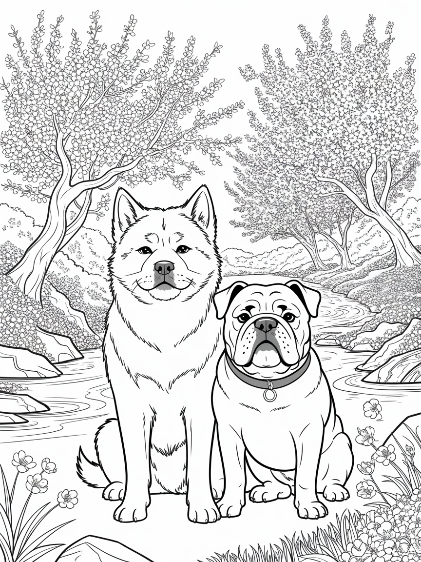 Japanese akita and bulldog sitting under blossom trees with stream running through the back - Free Coloring Page