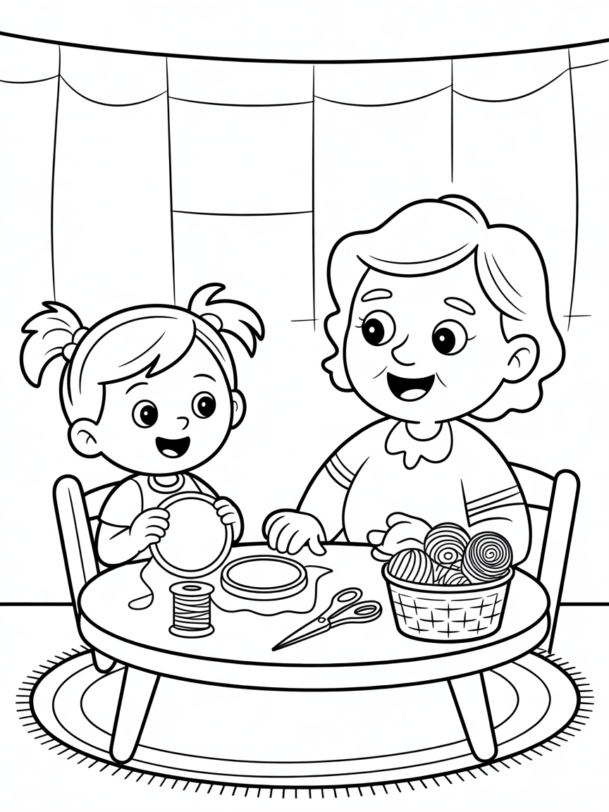 Ana and grandma prepared the embroidery supplies - Free Coloring Page