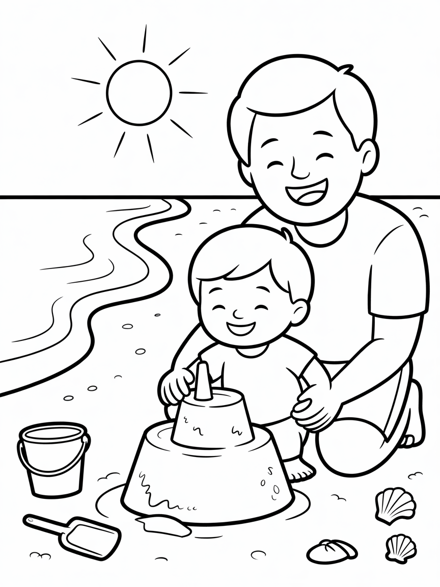 Beach day with dad - Free Coloring Page