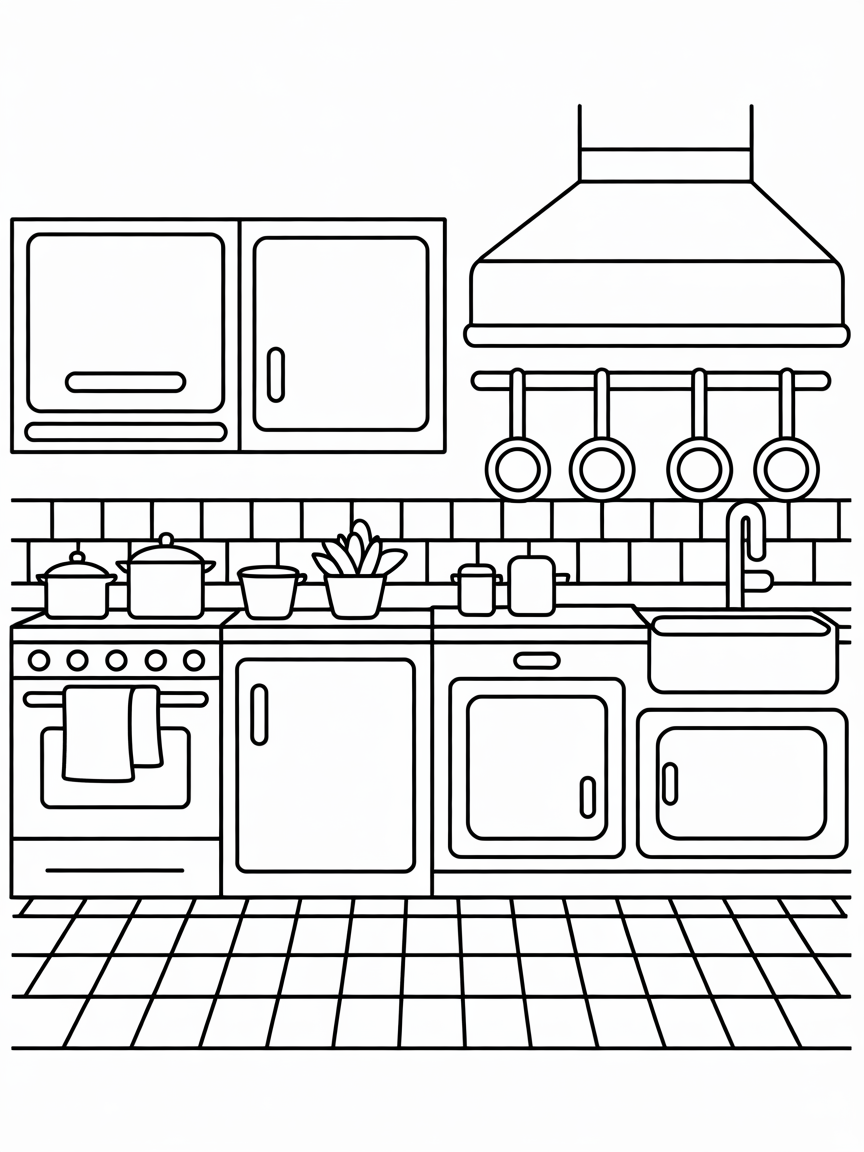 cozy kitchens with lighting and plants - Free Coloring Page