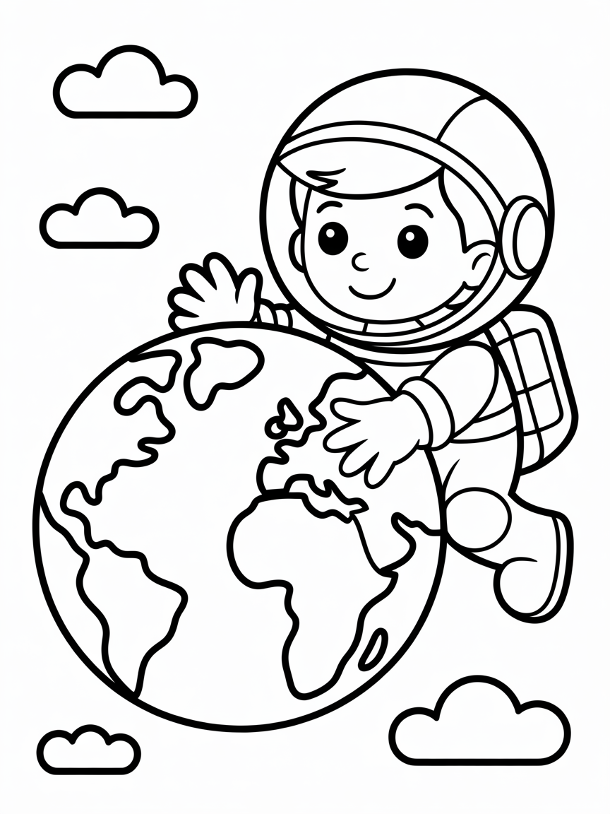 a space boy orbiting the earth - Free Coloring Page