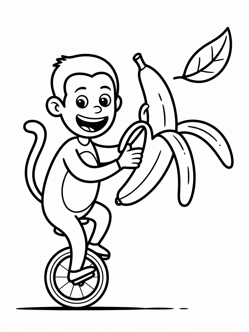 a man in a monkey suit eating a banana while riding a unicycle - Free Coloring Page