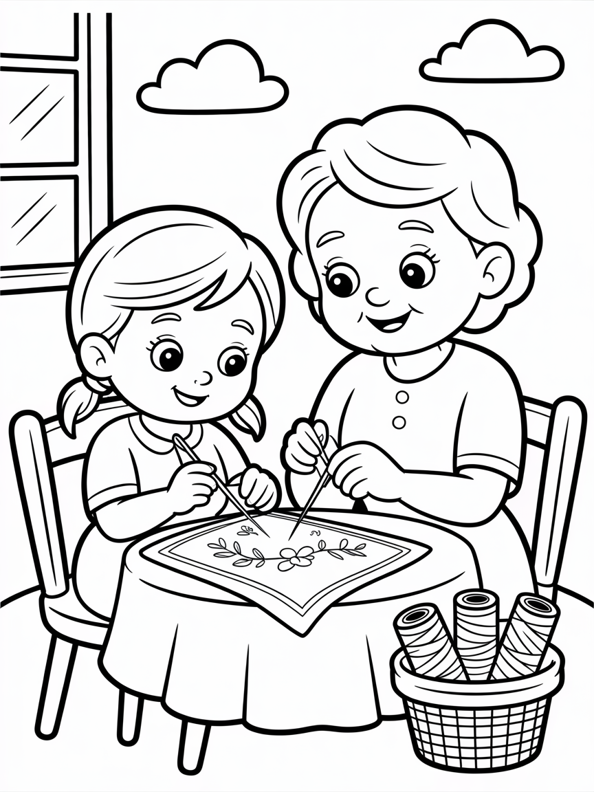 Ana is starting embroidery with grandma - Free Coloring Page