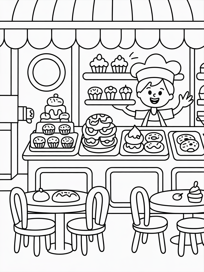Inside a dessert shop with lots of varieties odf sweet treats - Free Coloring Page