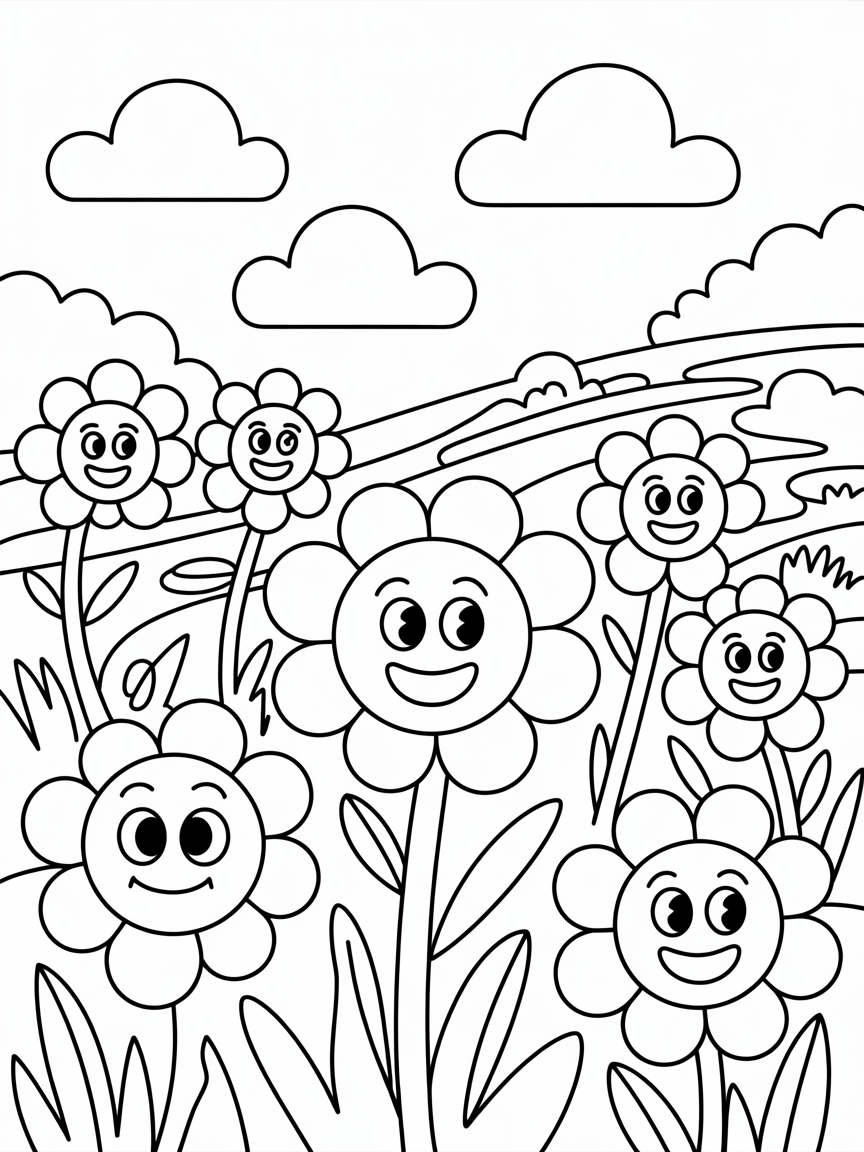 Fild of flowers with faces - Free Coloring Page