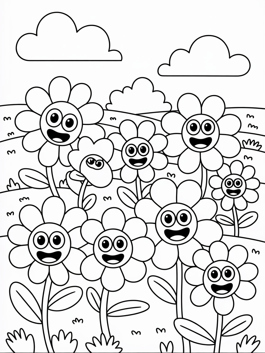 Ealistic Fild of flowers with faces - Free Coloring Page