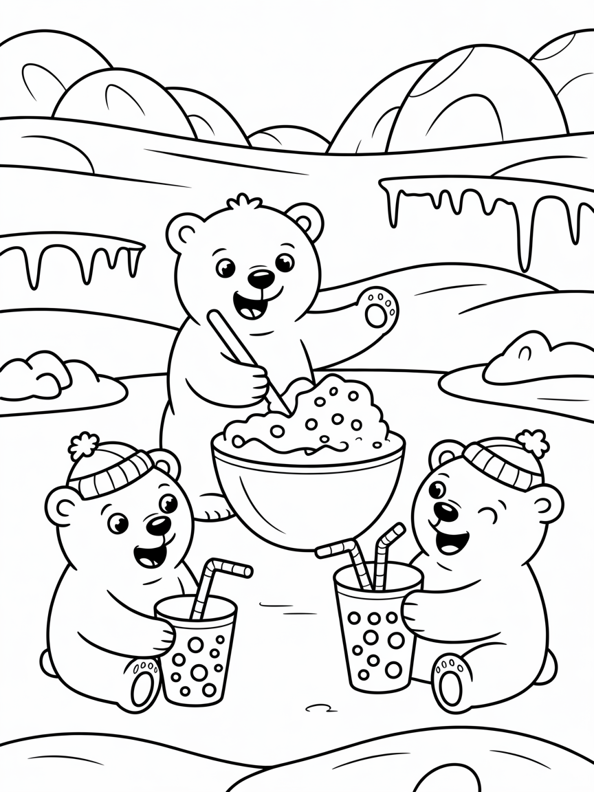 Polar bears making snow smoothies - Free Coloring Page