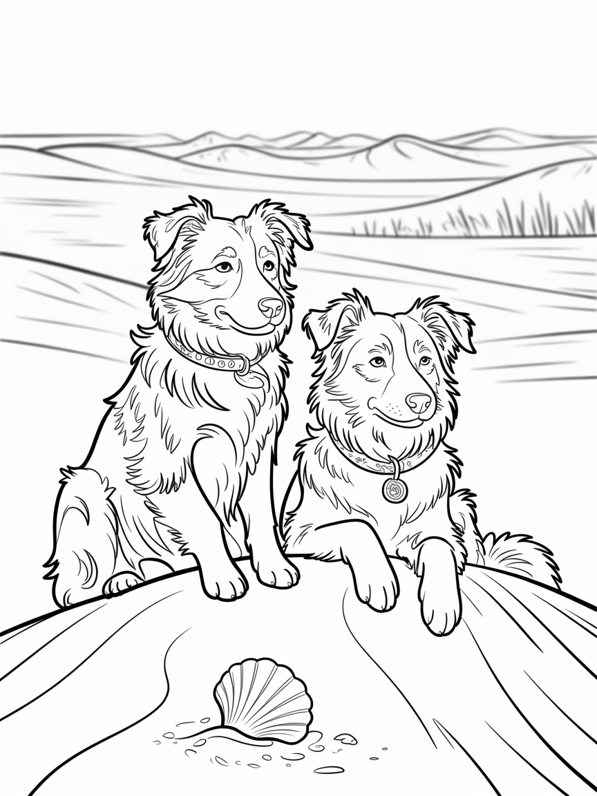 2 border collie dogs sitting on a sand dune - Free Coloring Page