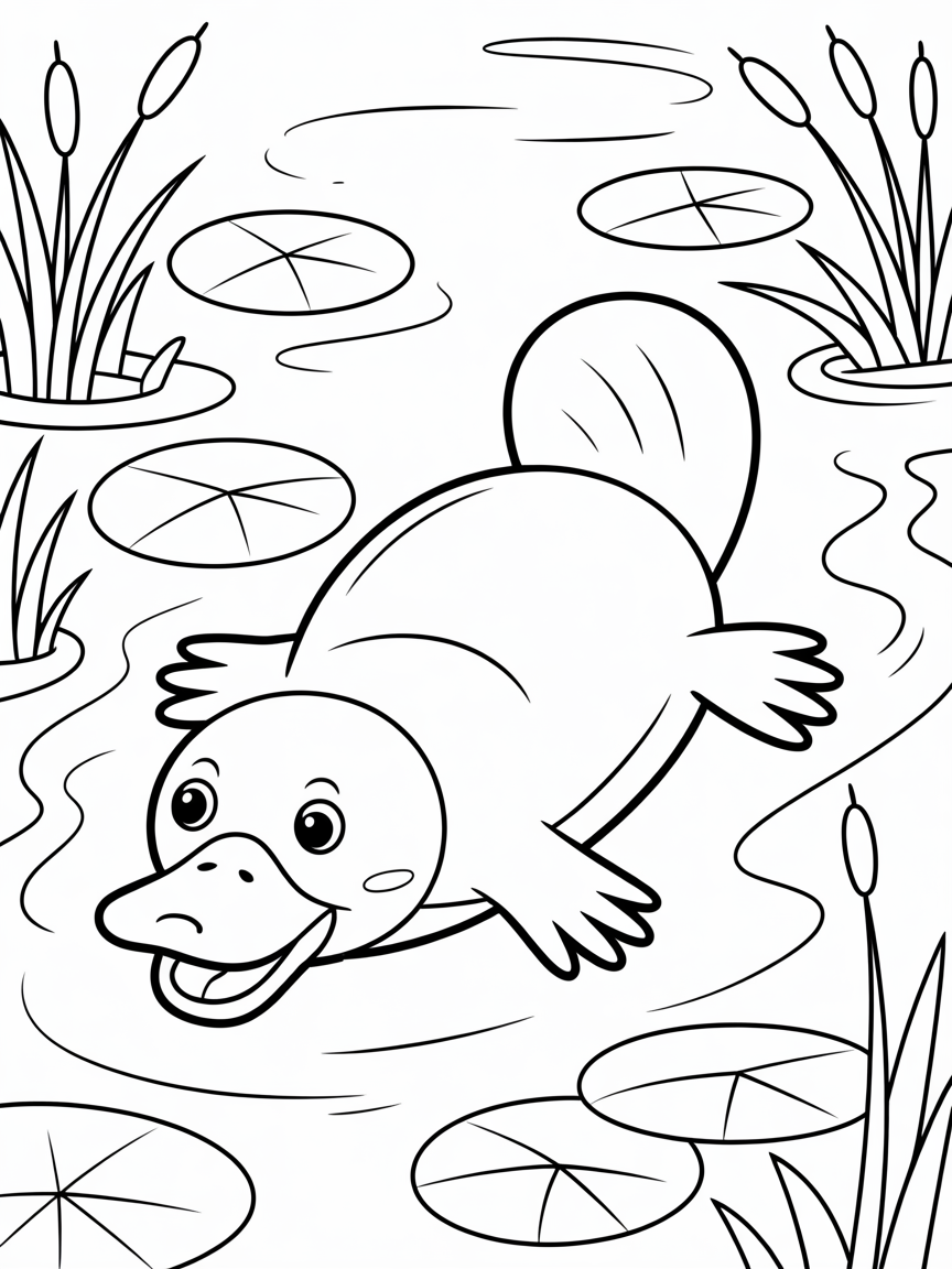 A platypus swimming in water with plants around - Free Coloring Page