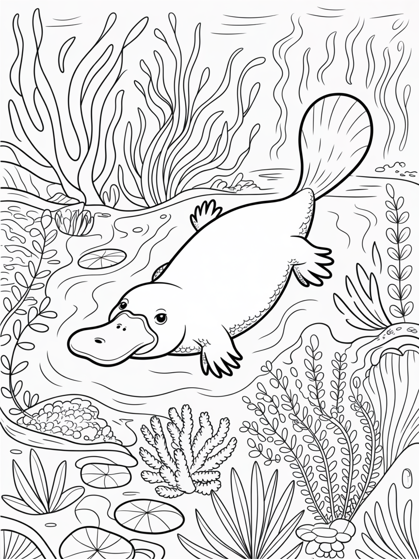 A platypus swimming with plants around - Free Coloring Page