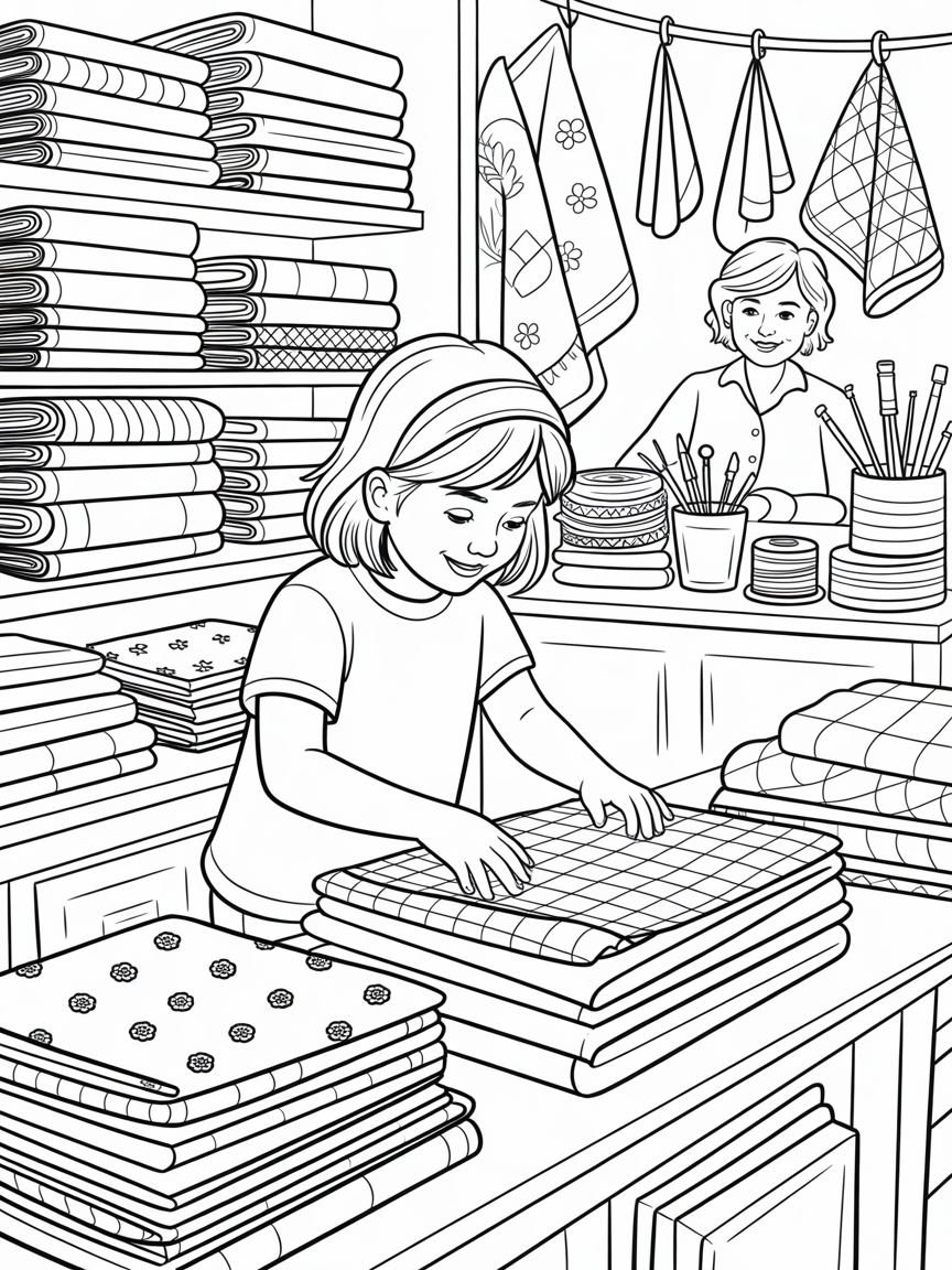 A young girl in a quilt store buying fabric - Free Coloring Page