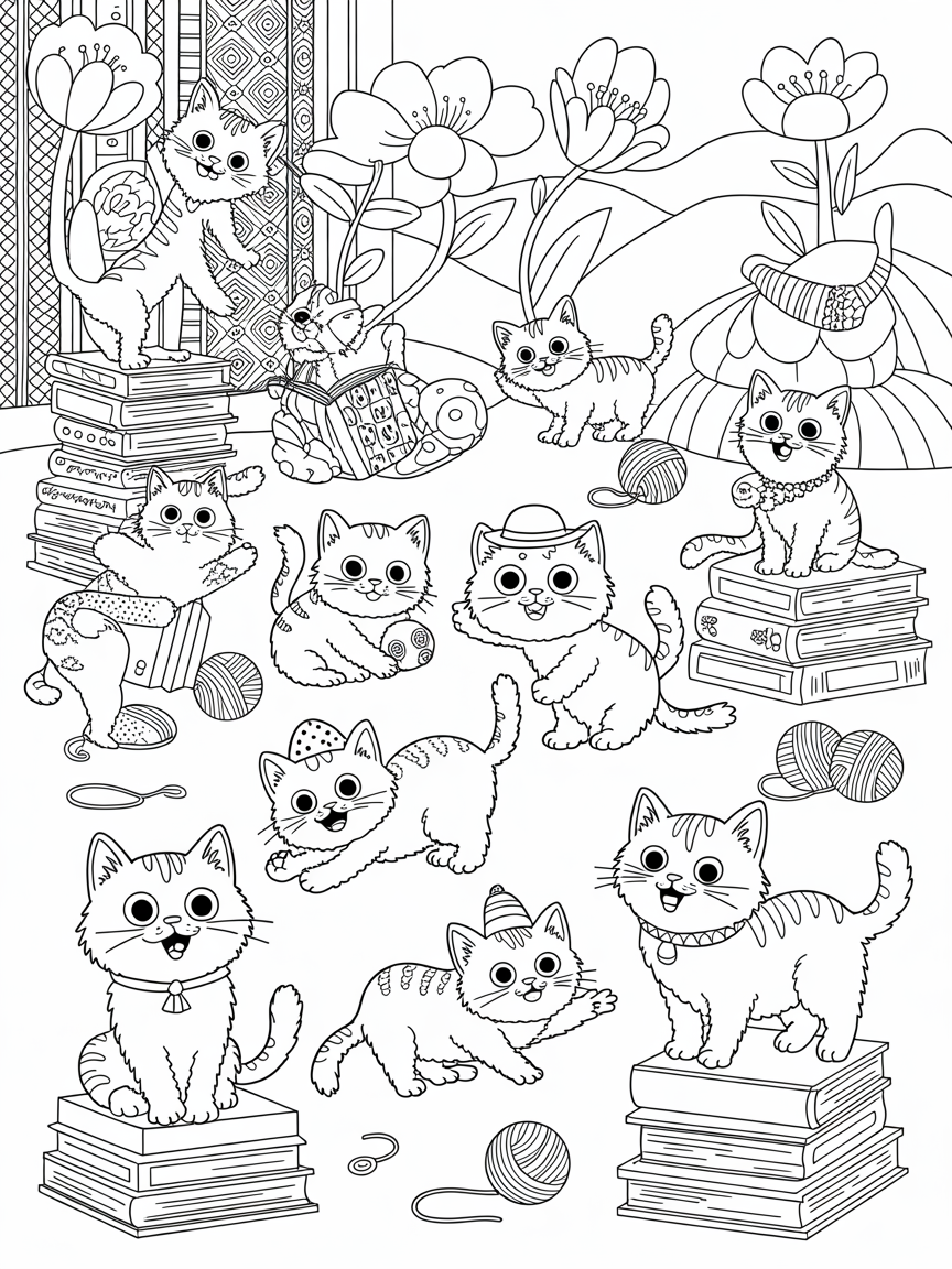 Funny munchkin cats doing funny things - Free Coloring Page