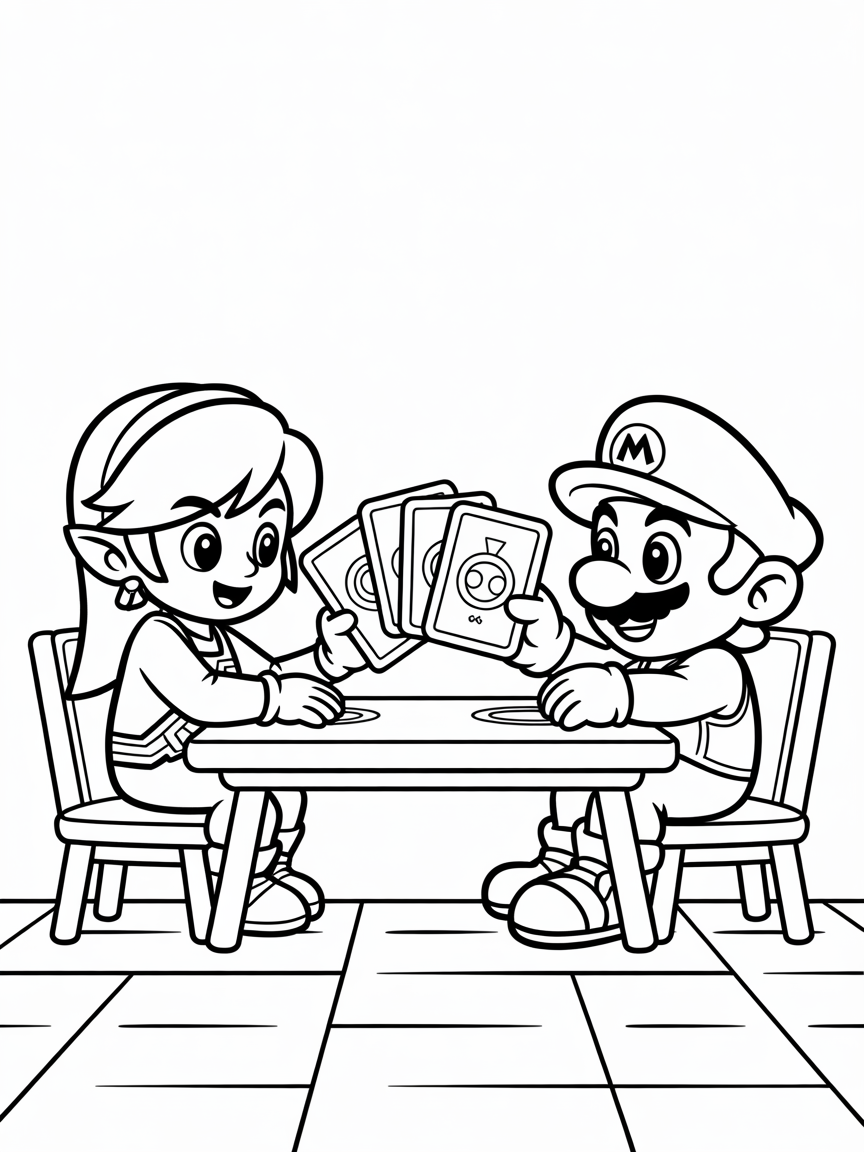 Link and Mario playing card game - Free Coloring Page