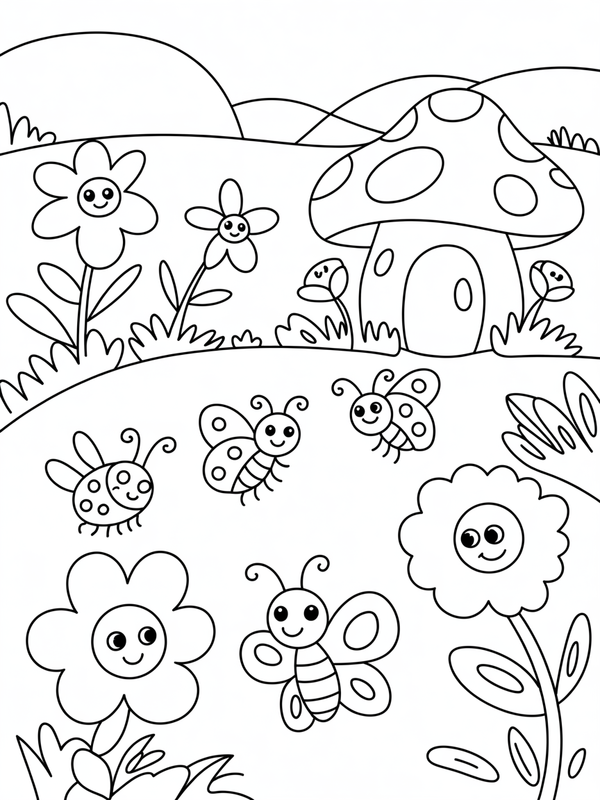 Fairy garden with insects - Free Coloring Page
