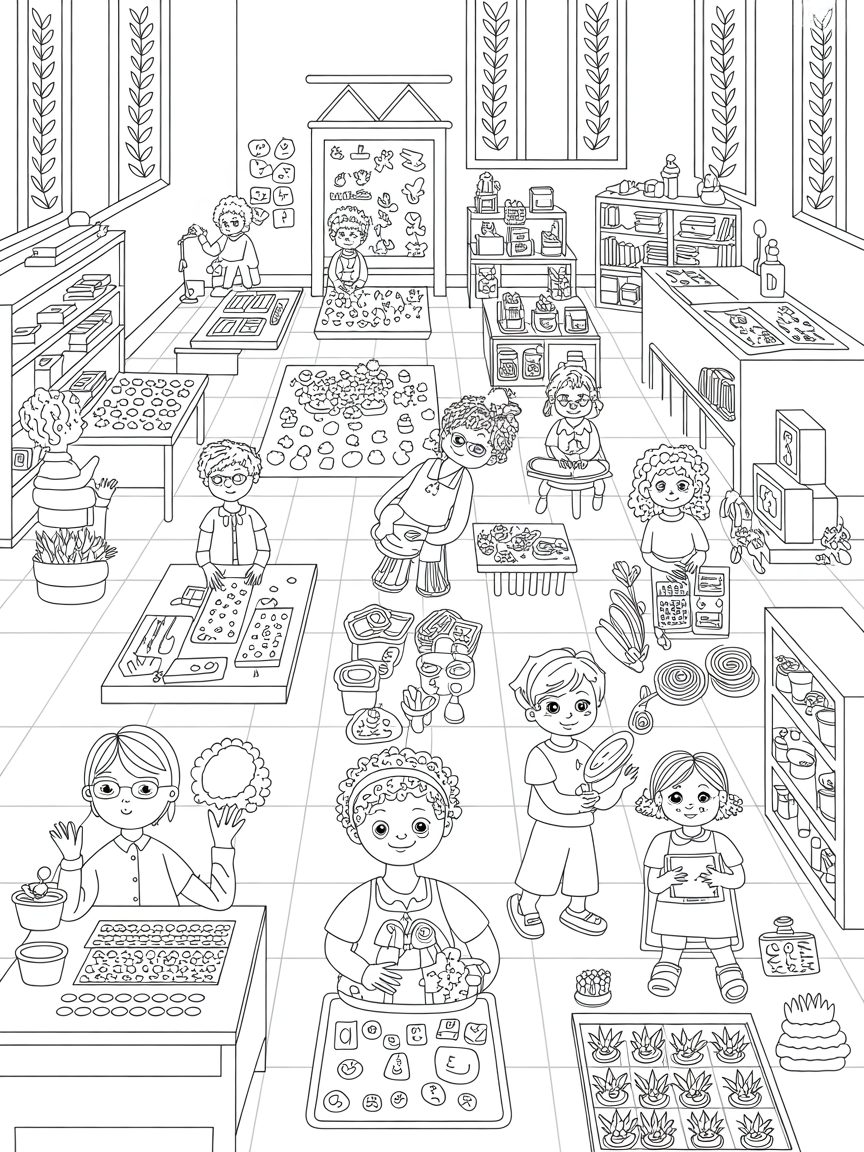 Montessori Classroom - Free Coloring Page