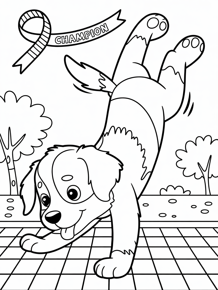 Puppy doing gymnastics - Free Coloring Page