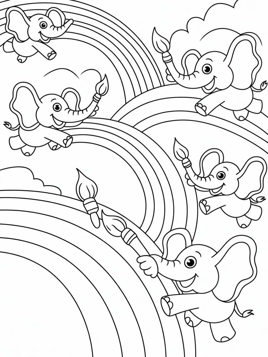 Flying elephants painting rainbows - Free Coloring Page