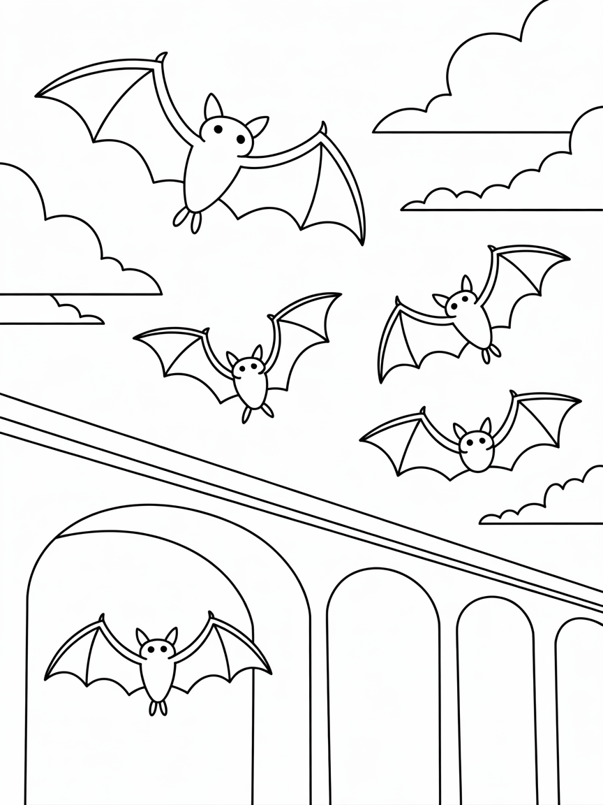 mexican free tail bats flying out from under the congress avenue bridge in austin, texas - Free Coloring Page