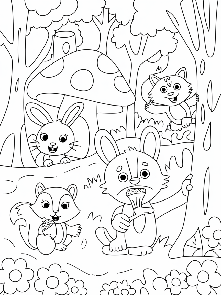 Intricate detail fairy land enchanted forest with animals - Free Coloring Page