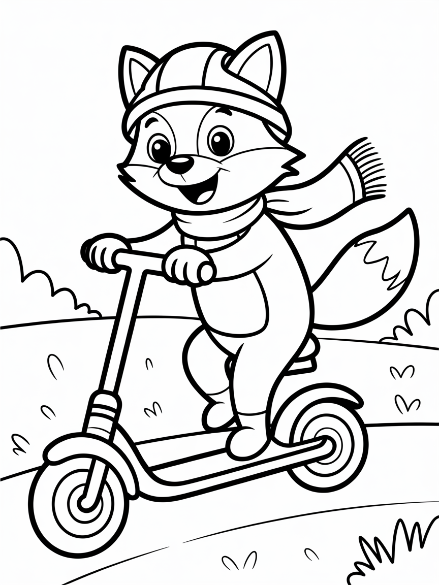A fox riding a scooter - Free Coloring Page