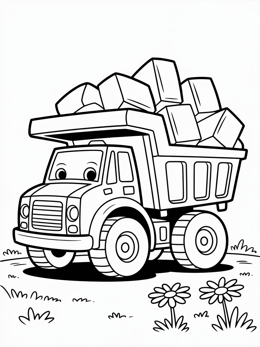 Dump truck in a julia donaldson style - Free Coloring Page