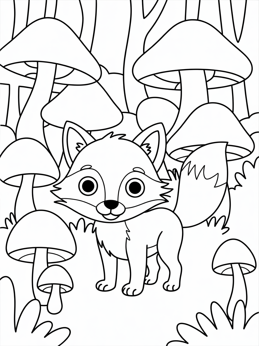 Fox in whimsical forest with mushrooms - Free Coloring Page